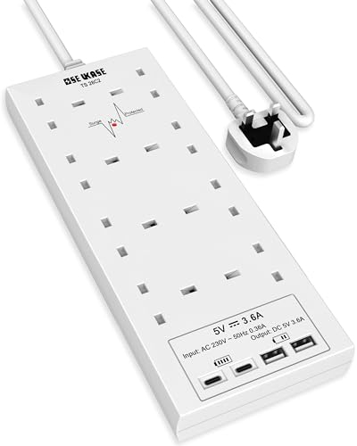 Extension Lead with USB Slots, 8 Way Socket Surge Protection with 4 USB Charger(2C+2A) Multi Plug 2990W Safety Shutter with 2M Extension Cord for TV PC Laptops Tablets