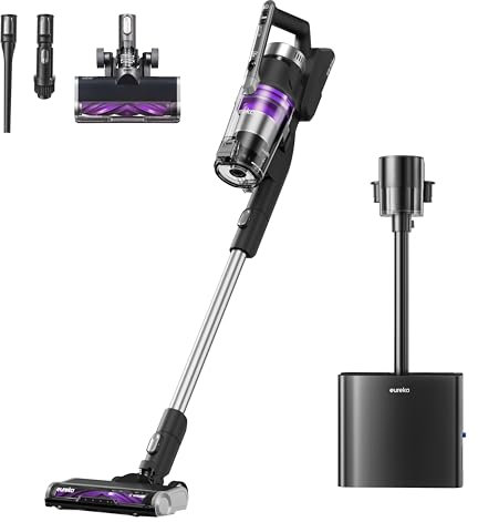 Eureka Stylus Elite Akku Staubsauger mit Absaugstation, 24000 Pa, Automatische Staubentleerung, 3L Staubbeutel, 60 Minuten Laufzeit, Anti-Verwicklungsbürste, LED-Scheinwerfer, Abnehmbarer Akku
