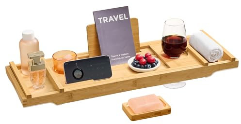 SONGMICS Bamboo Bath Tray, Extendable Bath Caddy Tray, 70-95.6 cm Wide Bath Shelf, Foldable, Non-Slip Bathtub Tray, with Wine Glass, Tablet, Book, Towel Holders, Natural Beige BCB072N01