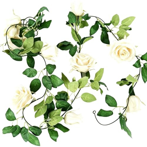 2 Pack Artificial Rose Garland, 6.5ft Fake Silk Rose Flower Hanging Artificial Vine for Wedding, Party, Festival, Room Decor, Office, Garden Decoration (White)