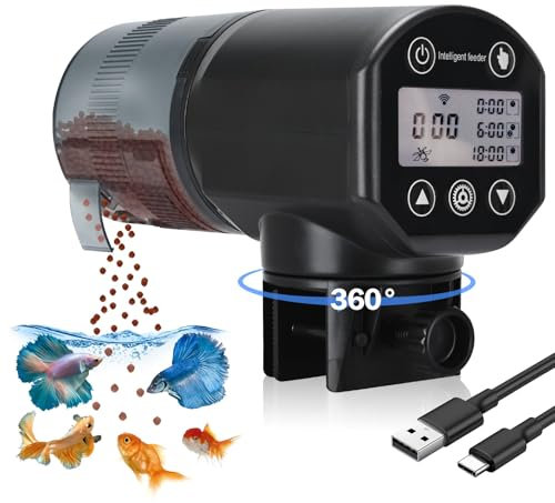 Podazz Futterautomat für Aquarium, 2,4G WiFi Fischfütterer Feuchtigkeitsbeständiger automatischer Futterspender mit Timer und Digitalanzeige, 200 ml großes Fassungsvermögen, App-Einstellung, Schwarz
