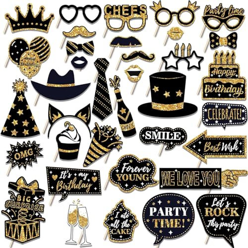 36Pcs Birthday Photo Booth Props Party Supplies, Party Props, Birthday Decorations, Party Decorations, Diwali Props for Birthday, Wedding, Anniversary Sparkling Props, Fun Diy Kits for Men and Women