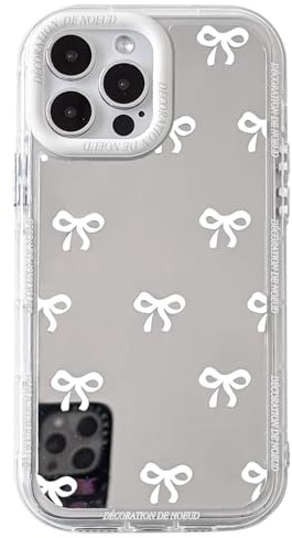 NITITOP Compatible with iPhone 13 Pro Case Cute Glossy Mirror Little Bowknot Pattern for Women Girls Ribbon Design White Lens Bezel Design Shockproof Silver Protective Phone Cover - White