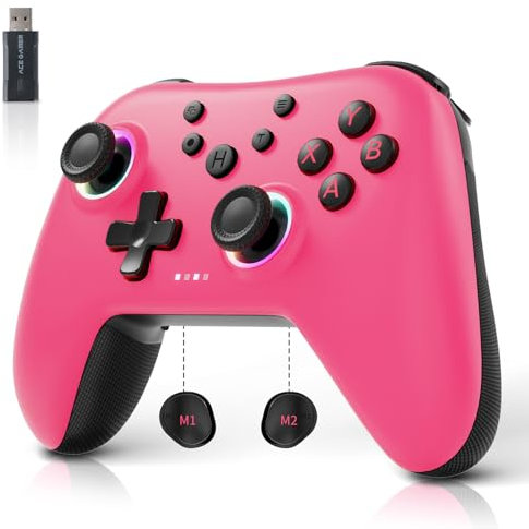 AceGamer Aurora Mando InaláMbrico Bluetooth 2.4G para Windows PC/Switch/Stem/Ios/Android, Gamepad para PC con Joystick de Efecto Hall, BotóN Trasero Programable, Actuador Resonante Lineal (rosa)