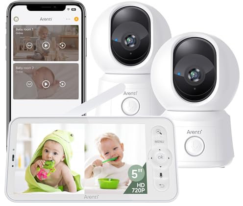 ARENTI Smart Wi-Fi 2 Camera Baby Monitor,360°Pan&Tilt,5'' Display & Night Vision,Soothing Sounds,2-Way Talk, Temperature & Motion Detection,3350mAh Battery Life