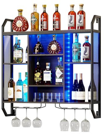 Weinregal Wand Mit LED-Licht 90*90CM Weinregal Zur Wandmontage Aus Eisen+MDF Flaschenregal Wand Weinregale Mit Glashalter Schweberegale Wandregal mit verstellbarem Regalboden für Bars,Weinkeller,Küche