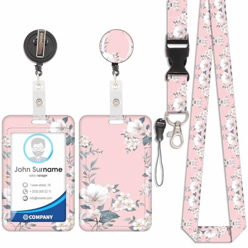 Niedlicher floraler Kartenhalter, ID-Kartenhalter, abnehmbares Schlüsselband mit einziehbarem Clip für Schlüsselanhänger, Visitenkarten, Türkarten, ID-Karten, etc.