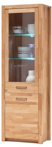 Lomadox Wohnzimmer Vitrine Vitrinenschrank, Türanschlag Links, mit LED-Beleuchtung, Kernbuche massiv geölt, Echtholz/Massivholz