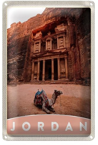 Vintage Blechschild | Jordanien | Petra und Kamel | Retro Wanddeko | 12 cm x 18 cm