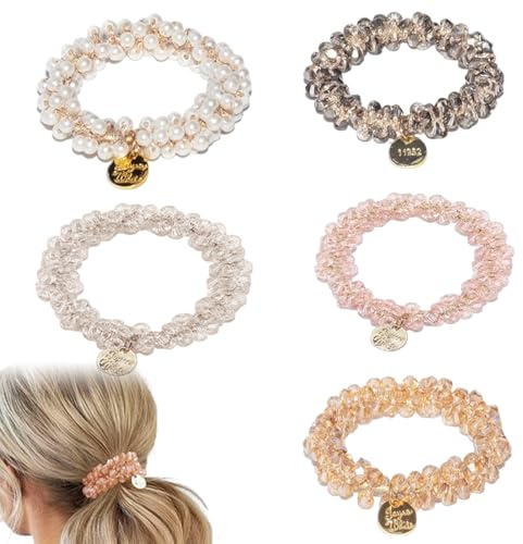 GXGM 5 Piezas Cabello de Imitación Gomas de Pelo con Perlas Gomas para el Pelo de Diamantes de Imitación para Mujer Scrunchies Elásticas,Coleteros Pelo Mujer, Accesorios Pelo Mujer, para Mujeres Niñas