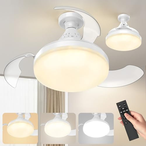 Ventilador de Techo con Luz LED Regulable y Control Remoto, Ventilador Techo Aspas Retráctiles, 4 Velocidades, Base E27, Silencioso, Ideal para Salón y Dormitorio