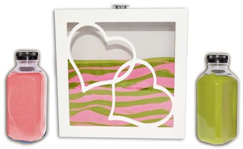 Kit Ritual de Arena para Boda con Marco Corazones – Ceremonia Simbólica de Amor – Incluye 2 Colores de Arena (800g c/u) – Regalo San Valentin – Modelo Blanco (Blanco, Rosa/Verde)