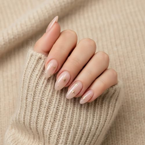 24pcs Short Almond Press On Nails with Golden Stars - Elegant French Tip Fake Nails Translucent Pink Base Glossy Finish Salon-Quality DIY Art Accessories Autumn Halloween Square Stickers