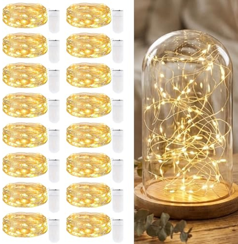 Lot de 16 mini guirlandes lumineuses LED avec piles, 2 m, 20 LED, fil de cuivre, guirlande lumineuse à piles, micro guirlande lumineuse étanche, pour Noël, fête, décoration intérieure, blanc chaud