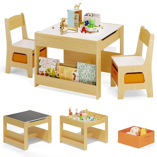 Xbro Kindertisch mit 2 Stühlen, 4 in 1 Kinder Maltisch mit Stauraum, multifunktionale Kindersitzgruppe aus Holz mit Bücherregal, für Kinder ab 3 Jahren, 61,5 × 61,5 × 48 cm, Natur