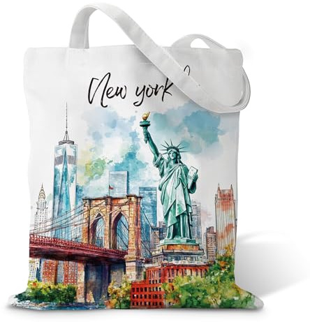 Fychuo New York Jutebeutel, Doppelseitiger Druck Stoffbeutel, Leinwand Stofftasche, Tragetasche mit Freiheitsstatue Muster, New York Deko, Romantische Kleines Geschenk für Frauen Freundin Mama, Weiß
