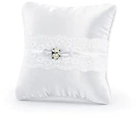 PartyDeco Ringkissen für Hochzeit 16x16 cm - Satinstoff, Spitzenband, Papierrosen, Dekoband Weiß Matte Stoff Hochzeit Ring Kissen mit Rosen und Spitze Hochzeit Ring Box