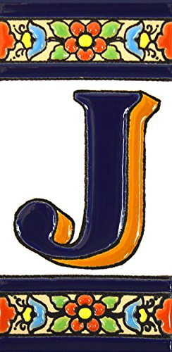 Insegna con numeri e lettere fatte di piastrelle di ceramica policroma, dipinte a mano con la tecnica cuerda seca, nomi indirizzi e segnaletica. Testo personalizzabile. Disegno FLORES MEDIANO 10,9 cm x 5,4 cm. (LETTERA J)