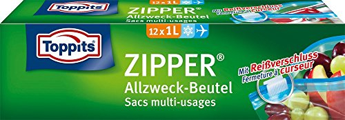 Toppits Zipper Allzweck-Beutel, reißfeste Spezialfolie, wiederverwendbar, transparent, Füllvolumen 1 Liter, 1 x 12 Stück