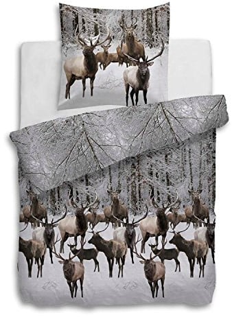 Heckett & Lane Flanell Biber Bettwäsche Ralph I Göße 135x200 80x80cm I Farbe Taupe I Design Winterlandschaft Winterwald Hirsch Deer Rentier Reindeer