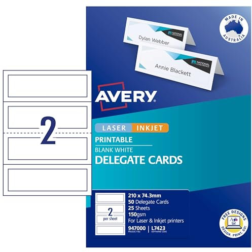Avery Delegate Cards, 210 x 74.25 mm, 50 Cards, 150 g/m² (947000 / L7423)