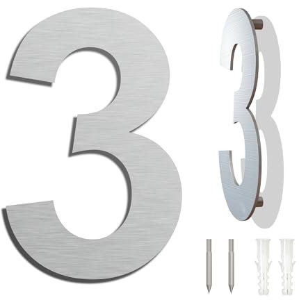 Edelstahl Hausnummer große - Wetterfest und Pflegeleicht - Metallic Mattes Silber Finish - Moderner Schwebender Aussehen und Einfache Installation - Höhe 203 mm - Arial Ziffer 3