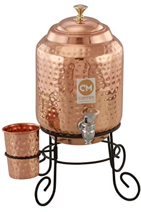 Copper-Master 5 Litre Hammered Water Dispenser (Matka/Pot) Container Pot with 1 Copper Glass and Stand Pure Copper and Ayurvedic Health Benefits (5000 ml)