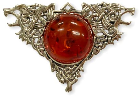 Celtic Style Gorgeous Wolf Pin Brooch with Amber Stone 925 Sterling Silver