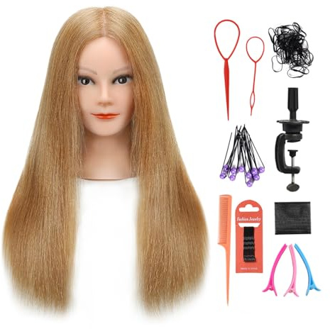 Armmu Frisierkopf mit Ständer, 100 % Echthaar, Übungskopf für Friseure und Kosmotologie-Puppenkopf für Frisuren und Zöpfe, 45,7 cm, #27