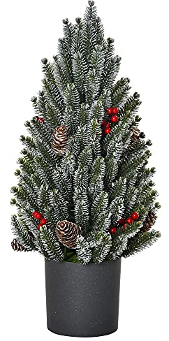 HOMCOM Künstlicher Weihnachtsbaum Kleiner Tisch-Christbaum 170 Äste schneebedecktes Design Mini-Christbaum mit Kunststoffsockel Beeren Tannenzapfen PE PVC Grün Ø27 x 47 cm
