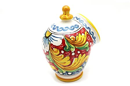 ILAB Saliera in ceramica decorata a mano da ceramisti siciliani di Santo Stefano di Camastra fiore rosso art 15