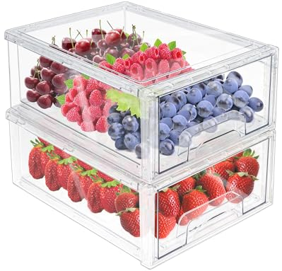 MANO 2Pack Clear Fridge Drawers Pull Out Stackable Refrigerator Drawer Organizer Bins Pantry Storage Box Plastic Food Containers for Kitchen Bathroom Office Closet (Large)