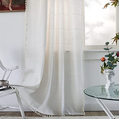 Sutuo Home Boho-Vorhang für Schlafzimmer, 244 cm Länge, lichtfilternd, Landhaus, Vintage-Stil, Quasten, Fensterbehandlung, 1 Panel 132.1 cm Bx243.8 cm L, cremeweiße Karomuster