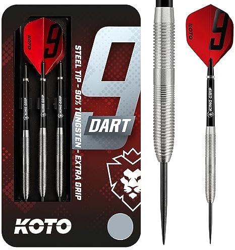 KOTO - 9-Darts 90% 23 G, Silber, Darts Set inkl. 3 Barrels, KOTO - Flights + Schäfte & Dartwallet, Fester Ringgrip