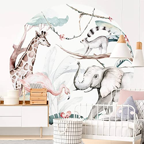 Dschungel Tiere Fototapete Kinderzimmer Tapete Safari Waldtiere Klebebilder für die Wand Elefant Giraffe Flamingo Foto Vliestapete XXL Kvilis (Ø188cm)