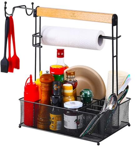 VIKEYHOME Grill Caddy, Picnic BBQ Organizer for Camping Outdoor Mesh Basket with 3 Hanging Hooks and Paper Towel Holder, Ideal Table Storage Tools for RV Camper/Tailgating/Flatware