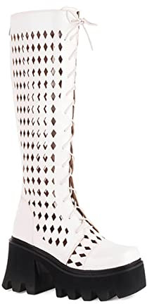 woileRQ Stivali Freddi con Foro Cavo con Lacci Bianchi Stivali Alti al Ginocchio Traspiranti Estivi con Cerniera sul Retro,Bianca,43 EU