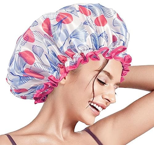 Aquior Shower Caps, Reusable Shower Cap for Women, Double Layer Waterproof Hair Cap, Large Size for All Hair Lengths (Red-Lineflower)