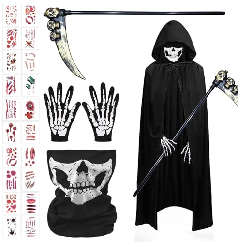 ARONRAVE Sensenmann Kostüm, Halloween Kostüm Herren Sensenmann Kostüm für Kinder Sensenmann Schwarz Umhang für Halloween Kostüm Erwachsene