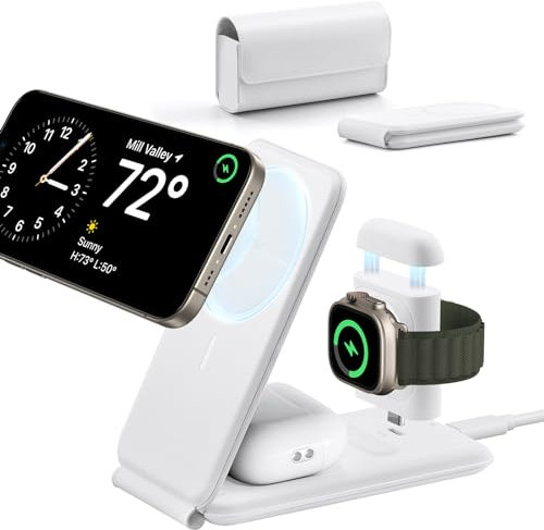 ESR 3-in-1 Travel Charging Station, MagSafe Charger, Made for Apple Watch Certified, Foldable Magnetic Wireless Charger for iPhone 16/15/14/13/12 Series, AirPods 4/3/AirPods Pro, White