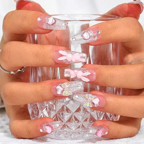 Sethexy Long Coffin Rose Faux ongles Fait à la main Pierre de Rhin Paillettes Faux ongles de luxe Faux ongles Coeur d'amour en cristal 3D Lapin Acrylique Amovible pour les femmes et les filles(C)