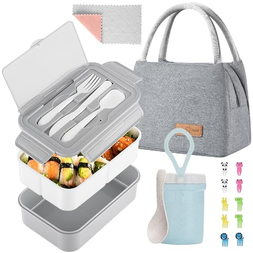 KAIFTEK Bento-Lunchbox für Kinder, Bento-Box für Erwachsene, auslaufsicher, für Kinder, Kleinkinder, Teenager, Schule, langlebig, mit Lunchtasche, Tasse, Löffel, Gabeln, Geschirrtuch (graues Set)