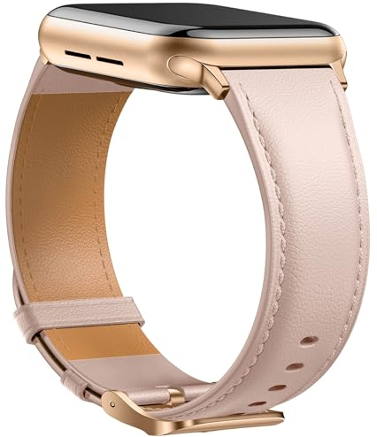Laffav Lederarmband Kompatibel mit Apple Watch Armband 40mm 41mm 38mm Damen Herren, Echtes Leder Klassisches Ersatzarmband für Apple Watch iWatch Series 8 7 6 5 4 3 2 1 SE,Rosa