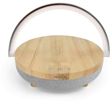 PRIXTON Lámpara LED inalámbrica Speaker Light, Multifunción 4 en 1: Cargador, Altavoz Bluetooth, Control Táctil, 3 Niveles Regulables de iluminación, Color Madera