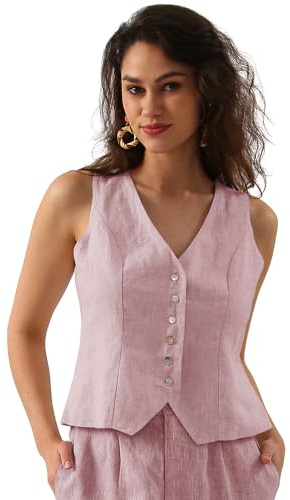 Amazhiyu Gilet da donna in lino puro, gilet in lino senza maniche con bottoni, scollo a V, crop top, gilet estivo, con cinghia regolabile, rosa, XL