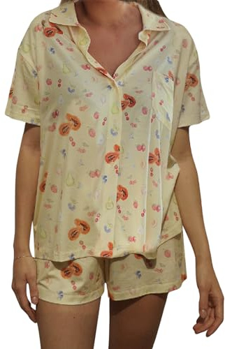 Damen 2 Stück Pyjama Set Cute Fruit Floral Printed Shirt Pant Sets Holiday Loungewear Nightwear (D Yellow, M)