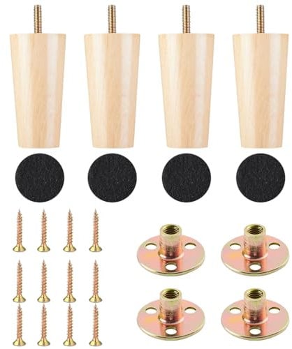 YINENGD Wooden Furniture Legs 4Pcs, 12cm Wooden Sofa Legs Replacement Legs for Furniture Sofa Cabinet Chair Table Dresser with Rubber Protection Pads, Mounting Plates, Screws