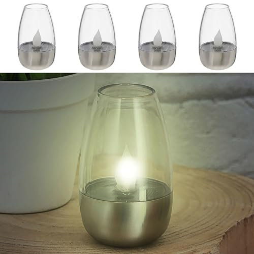Cepewa LED Solar Tischleuchte 4er Set | 6x8x6cm silber Edelstahl Kunststoff Akku | Solarlampe warmweiß Flackereffekt Kerzenform (LED Solar Tischleuchte silber)
