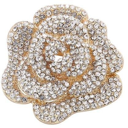 IMINI Broche Rose En Strass Pour Femmes Filles Mode Cristal Grande Fleur Broche Épinglettes Robe Élégante Accessoires Bijoux Boutonnière Corsage Cadeau Mariage Fête Des Mères (Doré)