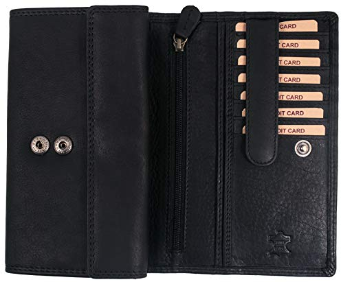 Hill Burry Damen Portemonnaie Leder | Geldbörse Damen Echt Leder Groß | XL Geldbeutel aus weichem Rindsleder | Hochwertiges Vintage Frauen Portmonee mit RFID Schutz (Schwarz)